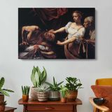 Judith Beheading Holofernes by Caravaggio - single-panel canvas displayed above a console table