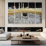 Kaaba and Minarets at Night - multi-panel canvas displayed in a modern living room