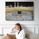 Kaaba and Minarets at Night - single-panel canvas displayed above a sofa