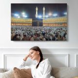 Kaaba and the Grand Mosque at Night - single-panel canvas displayed above a sofa