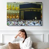 Kaaba Close View with Pilgrims - single-panel canvas displayed above a sofa