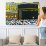 Kaaba Close View with Pilgrims - single-panel canvas shown with a person for scale