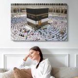 Kaaba Surrounded by Pilgrims - single-panel canvas displayed above a sofa