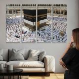Kaaba Surrounded by Pilgrims - multi-panel canvas displayed above a sofa