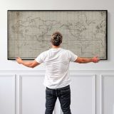 La Perouse Voyages World Map - Antique Engraving — single-panel canvas shown behind a standing person for scale