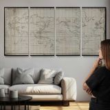 La Perouse Voyages World Map - Antique Engraving — three-panel canvas above a sofa
