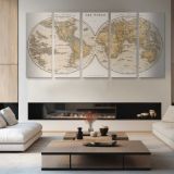 La Perouse Voyages World Map - Twin Hemispheres — four-panel canvas arrangement in a living room