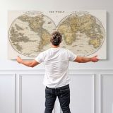 La Perouse Voyages World Map - Twin Hemispheres — single-panel canvas shown behind a standing person for scale