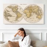 La Perouse Voyages World Map - Twin Hemispheres — single-panel canvas shown above a seated person