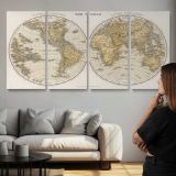 La Perouse Voyages World Map - Twin Hemispheres — three-panel canvas above a sofa