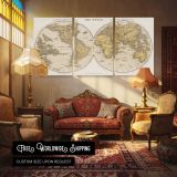 La Perouse Voyages World Map - Twin Hemispheres — multi-panel canvas in a warmly lit lounge