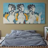 Ladies in Blue Fresco Reproduction by Emile Gillieron — single-panel canvas above a bed with blue bedding