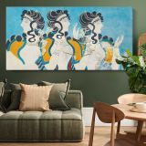 Ladies in Blue Fresco Reproduction by Emile Gillieron — single-panel canvas above a green sofa