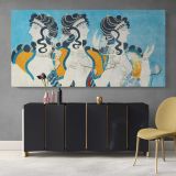 Ladies in Blue Fresco Reproduction by Emile Gillieron — single-panel canvas above a sideboard