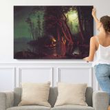 Lake Tahoe Spearing Fish by Albert Bierstadt - single-panel canvas shown with a person for scale