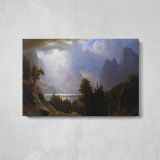 Landscape by Albert Bierstadt - single-panel canvas displayed above a console table