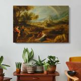 Landscape with a Rainbow by Pieter Paul Rubens - single-panel canvas displayed above a console table