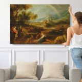 Landscape with a Rainbow by Pieter Paul Rubens - single-panel canvas shown with a person for scale