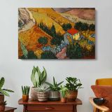 Landscape with House and Ploughman by Vincent Van Gogh - single-panel canvas displayed above a console table