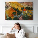 Landscape with House and Ploughman by Vincent Van Gogh - single-panel canvas displayed above a sofa