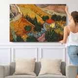 Landscape with House and Ploughman by Vincent Van Gogh - single-panel canvas shown with a person for scale