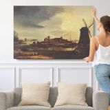 Landscape with Windmill by Aert Van Der Neer - single-panel canvas shown with a person for scale