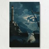 Lighthouse of Genoa - Nighttime Moonlit Harbor View By H. Merke After Serres canvas wall art - Image 7