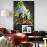 Lord Shiva and Parvati - Divine Mountain Scene with Cow By Unknown Indian Artist canvas wall art