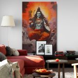 Lord Shiva Meditating - Mountain Scene with Trident and Glow canvas wall art