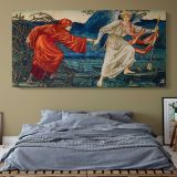 Love Leading the Pilgrim by John Henry Dearle — single-panel canvas above a bed with blue bedding
