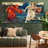 Love Leading the Pilgrim by John Henry Dearle — single-panel canvas above a green sofa