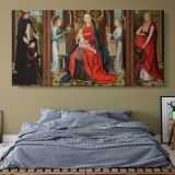 Madonna and Child Triptych by Master of the Saint Lucy Legend — single-panel canvas above a bed with blue bedding