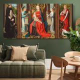 Madonna and Child Triptych by Master of the Saint Lucy Legend — single-panel canvas above a green sofa