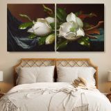 Magnolias on Light Blue Velvet Cloth by Martin Johnson Heade — single-panel canvas in a bedroom