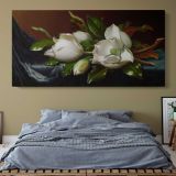 Magnolias on Light Blue Velvet Cloth by Martin Johnson Heade — single-panel canvas above a bed with blue bedding