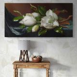 Magnolias on Light Blue Velvet Cloth by Martin Johnson Heade — single-panel canvas above a console table