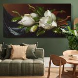 Magnolias on Light Blue Velvet Cloth by Martin Johnson Heade — single-panel canvas above a green sofa