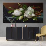 Magnolias on Light Blue Velvet Cloth by Martin Johnson Heade — single-panel canvas above a sideboard