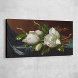 Magnolias on Light Blue Velvet Cloth by Martin Johnson Heade — single-panel canvas shown on a pale studio wall