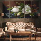 Magnolias on Light Blue Velvet Cloth by Martin Johnson Heade — three-panel canvas in a lounge