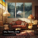 Man at a Cafe Table - multi-panel canvas displayed in a classic lounge