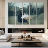 Man at a Cafe Table - multi-panel canvas displayed in a modern living room