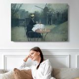 Man at a Cafe Table - single-panel canvas displayed above a sofa