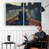 Man Rowing on a Quiet River by Gustave Caillebotte - two-panel canvas displayed in a reading room