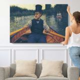 Man Rowing on a Quiet River by Gustave Caillebotte - single-panel canvas shown with a person for scale