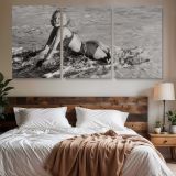 Marilyn Monroe on the Beach - 1952 — three-panel canvas above a bed