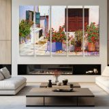 Mediterranean Doorway with Flowers - multi-panel canvas displayed in a modern living room