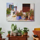 Mediterranean Doorway with Flowers - single-panel canvas displayed above a console table