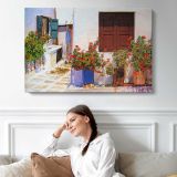 Mediterranean Doorway with Flowers - single-panel canvas displayed above a sofa