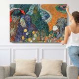 Memory of the Garden at Etten (ladies of Arles) by Vincent Van Gogh - single-panel canvas shown with a person for scale